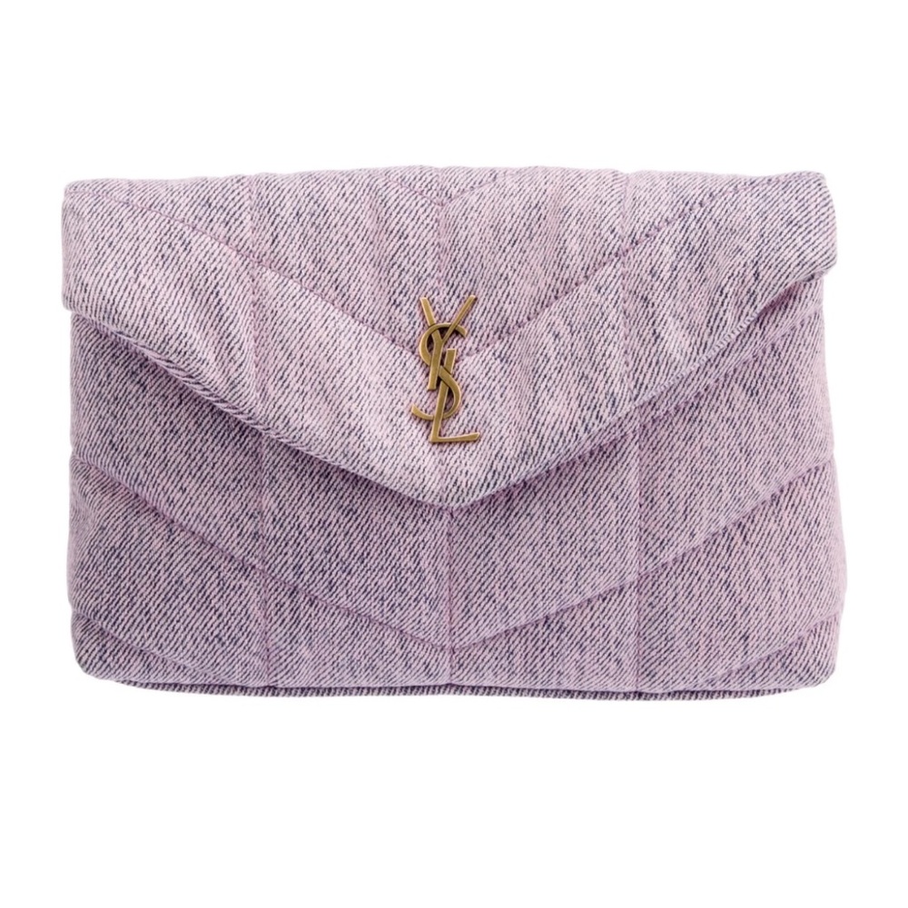 Saint Laurent Denim Quilted Loulou Puffer Monogram Pouch Clutch Bleached Lilac